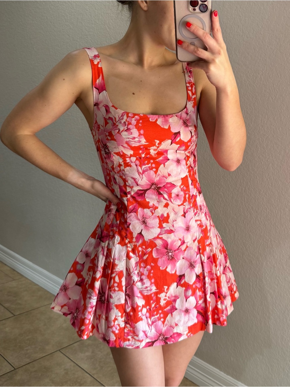 Floral Scoop Neck Mini Dress in Orange and Pink